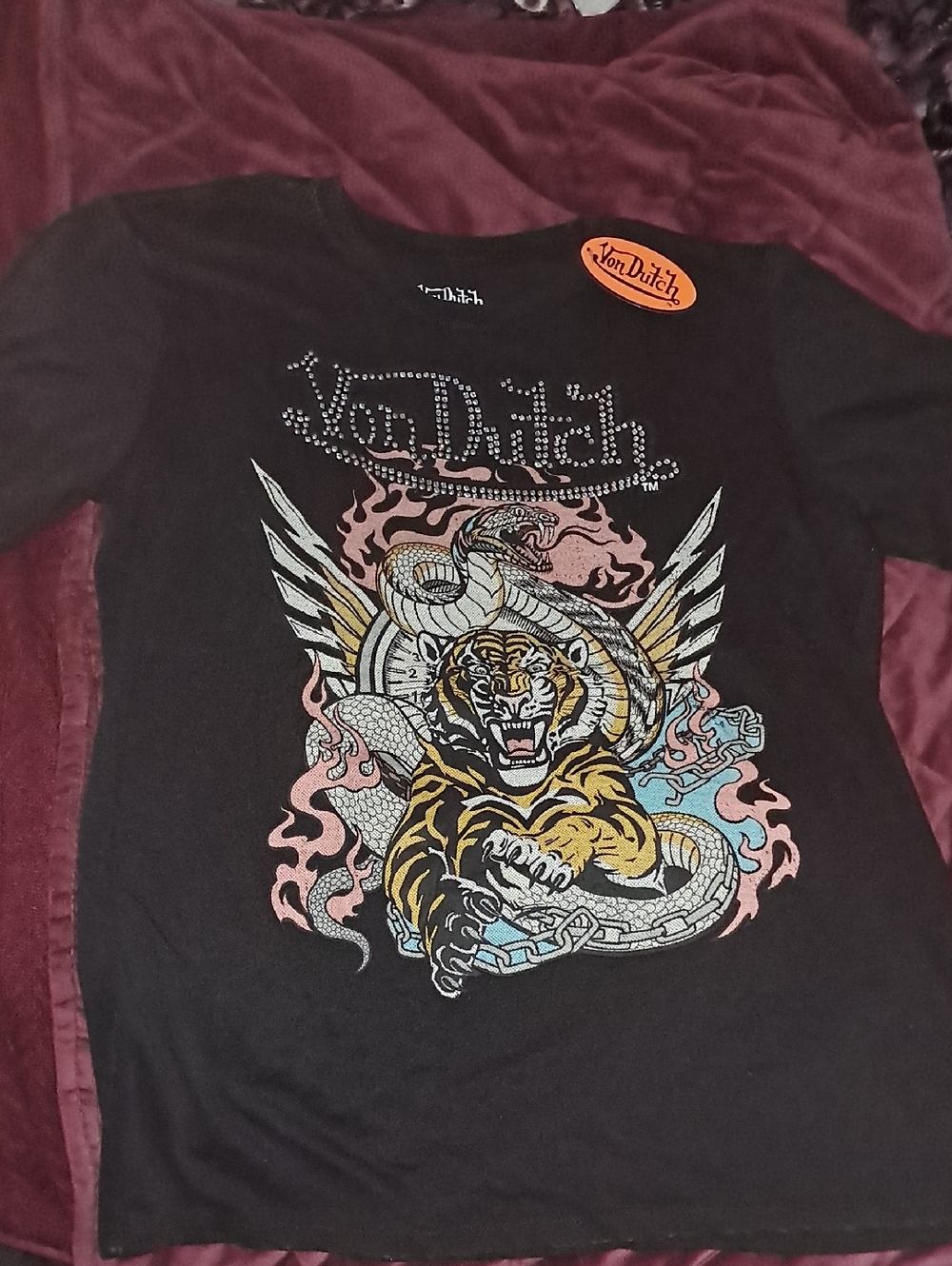 Von Dutch Black Short Sleeve Tee with Tiger, Snake & Wings Graphic